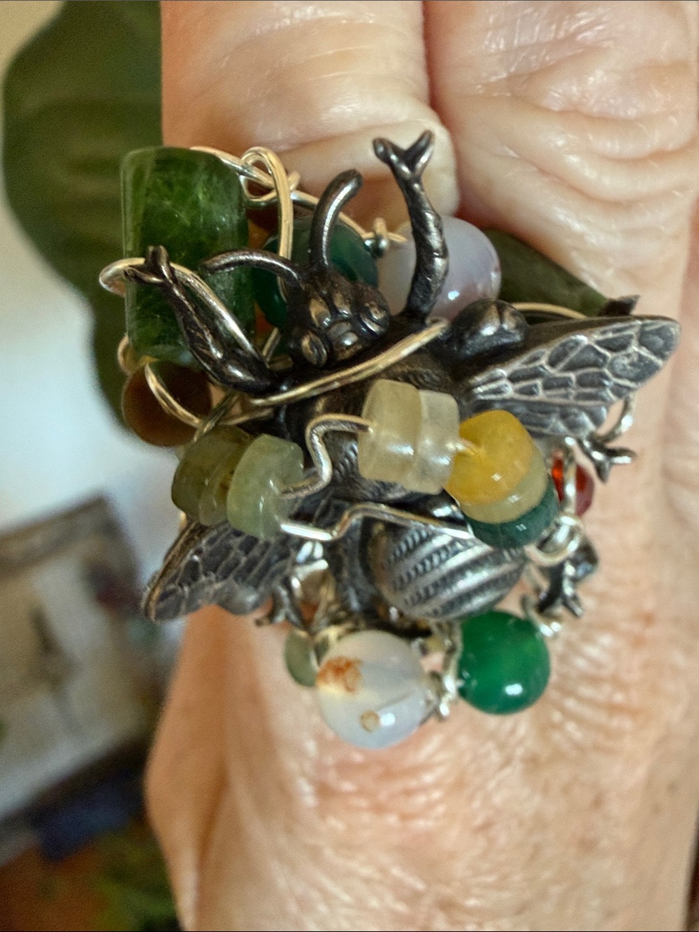 Handmade Bee Adjustable Ring with Gemstones